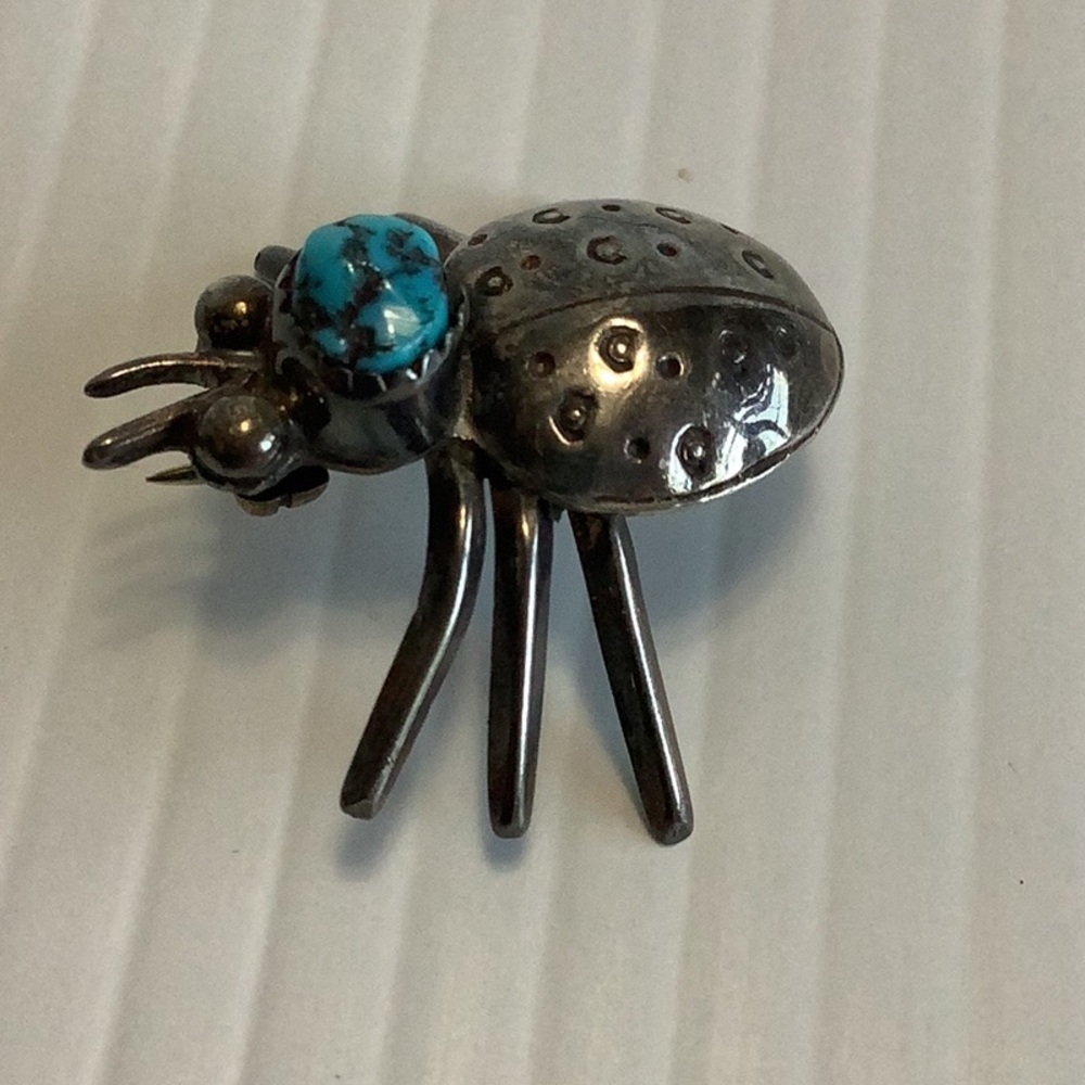 VINTAGE Native Southwest Sterling Silver Turquoise Ladybug Insect Brooch Pin EUC - Picture 11 of 16